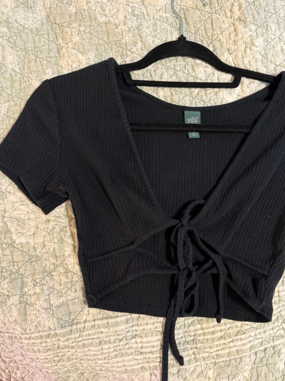 wild fable Black Ribbed Tie-Front Crop Top